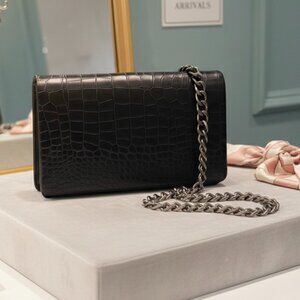 Black Crocodile Embossed Crossbody Bag Chain Strap Vegan Leather Clutch